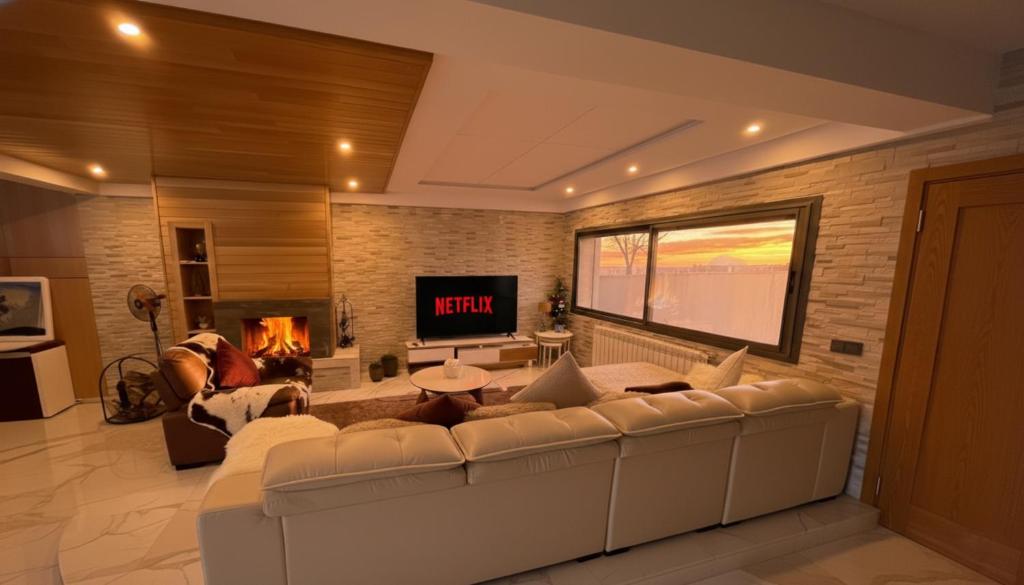 a living room with a white couch and a tv at Villa Belle Vue in Ifrane