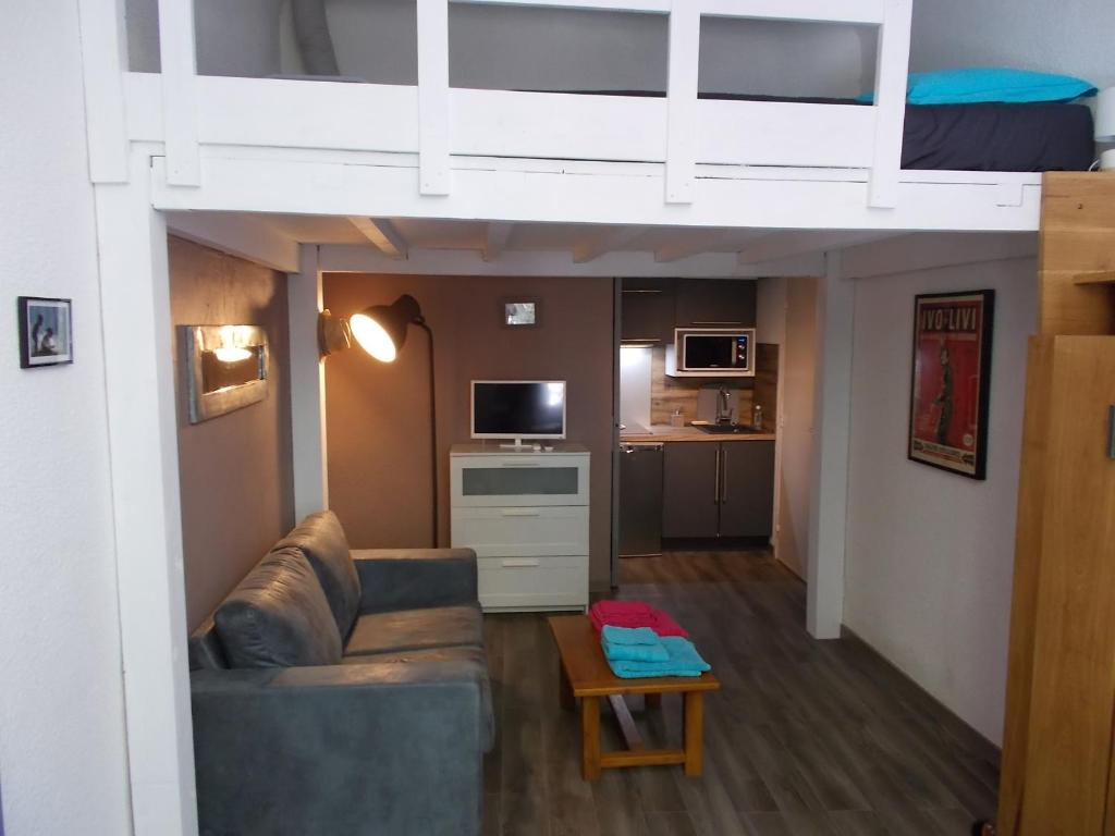 Una sala de estar con un sofá y una cama alta. en Studio des Halles, en Aviñón