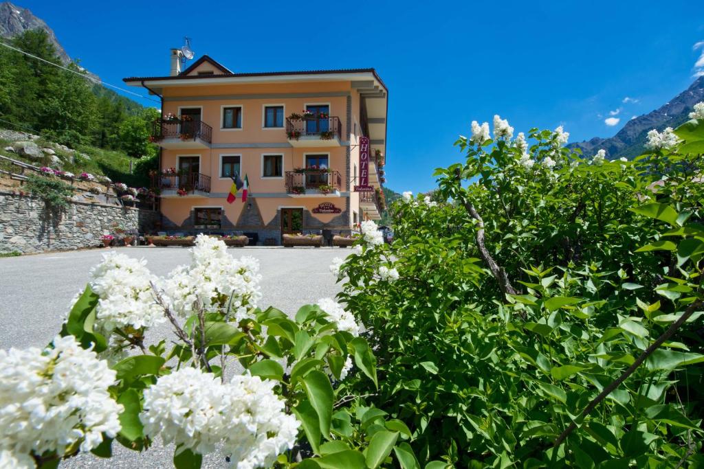 a house on a hill with flowers in front of it at Albergo Valentino in Bionaz