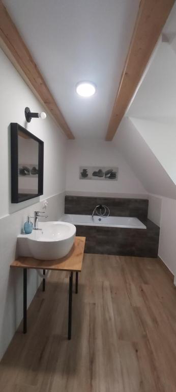 a bathroom with a sink and a bath tub at Żaroowka Slow House in Międzybrodzie Żywieckie