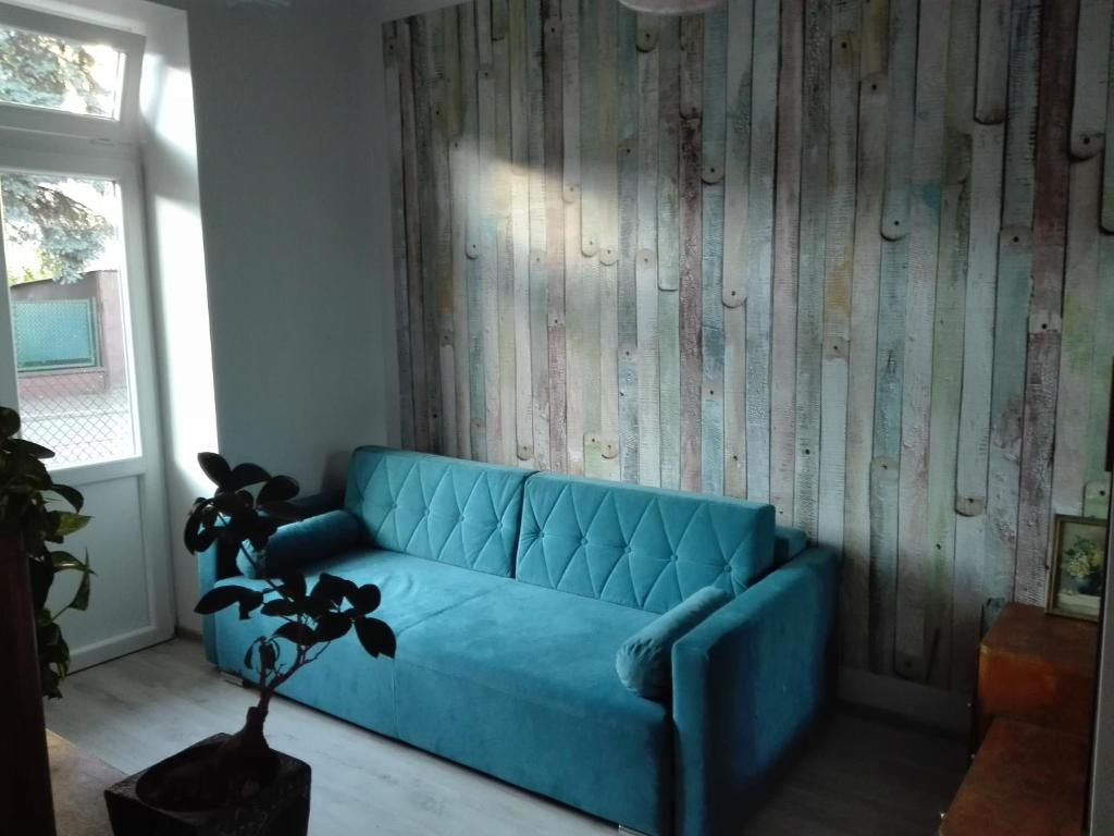 チェンストホヴァにあるBeautiful room with a soulの植物のあるリビングルームの青いソファ