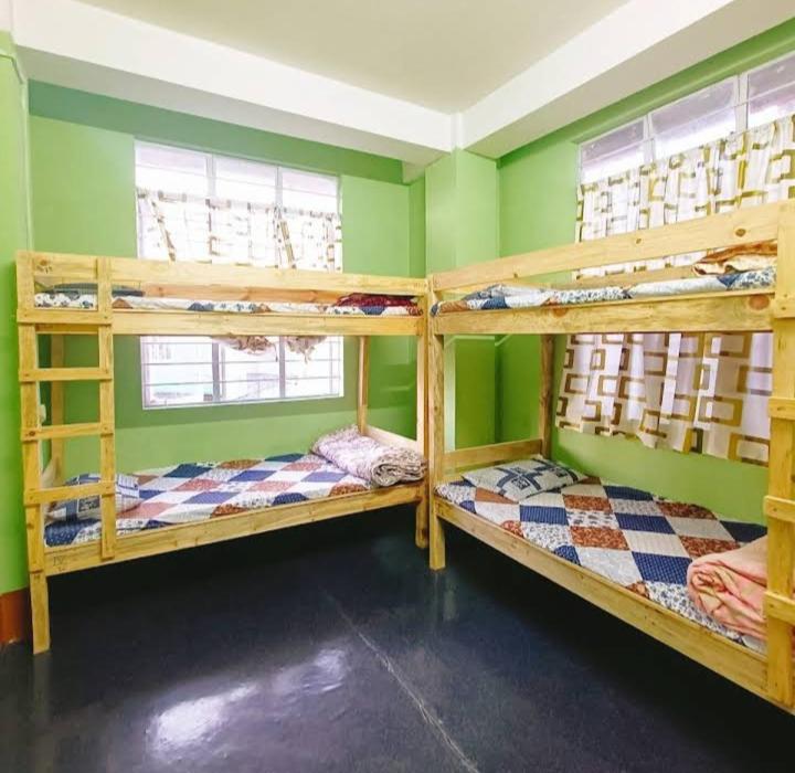 シロンにあるSyngkrem Hostel for Travellers Backpackers Meghalayaの緑の壁の客室で、二段ベッド3組が備わります。
