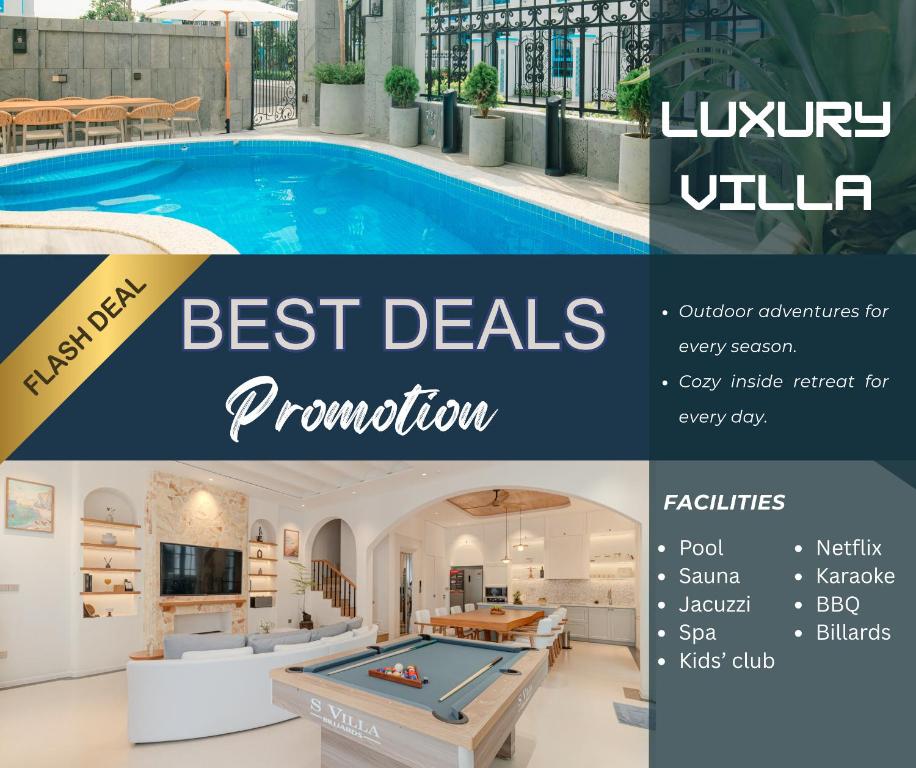a flyer for a villa with a pool and a pool table at Ha Long 6BRS Beach Villa With Pool, Jacuzzi and Sauna in Ha Long