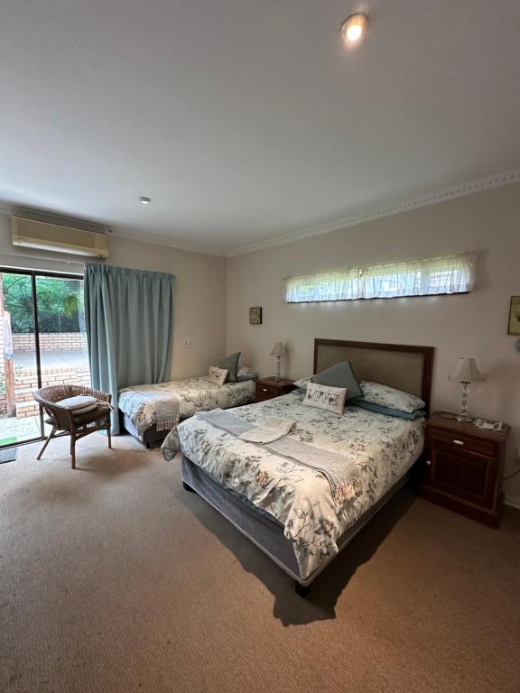 1 dormitorio grande con 2 camas y ventana en Clivia Guesthouse, en Pietermaritzburg
