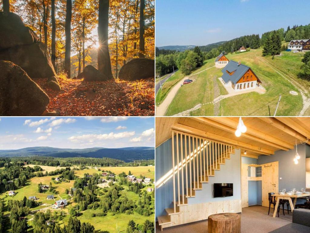 a collage of photos with a house and trees at Apartmány Severák Smrk in Janov nad Nisou