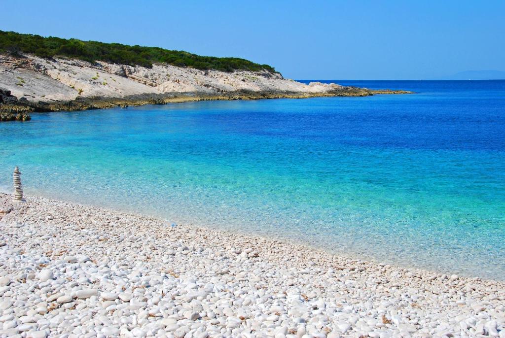une plage rocheuse avec eau bleue et rivage rocheux dans l'établissement Vila Mila, à Vela Luka