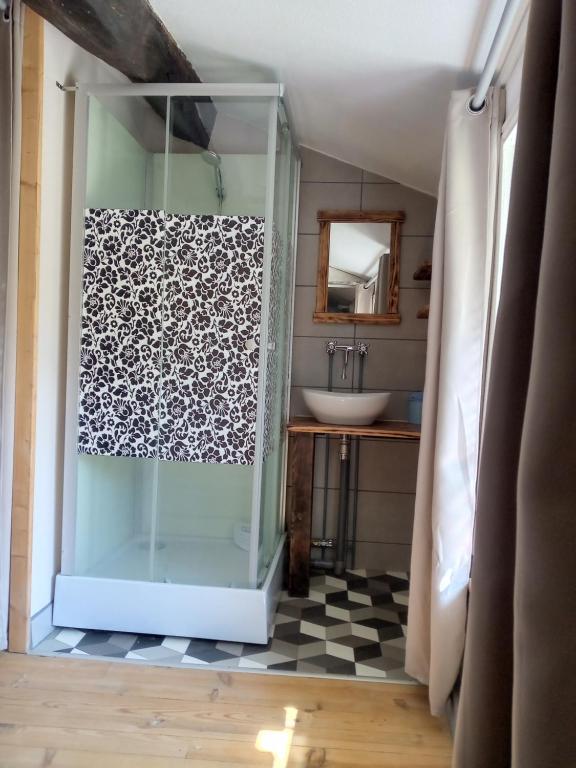 a bathroom with a glass shower with a sink at Gîte La Favorite à Oiron in Oiron