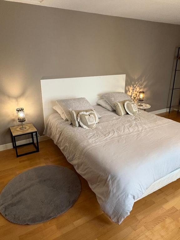 a bedroom with a large bed with two pillows at Appartement centre ville in Langres