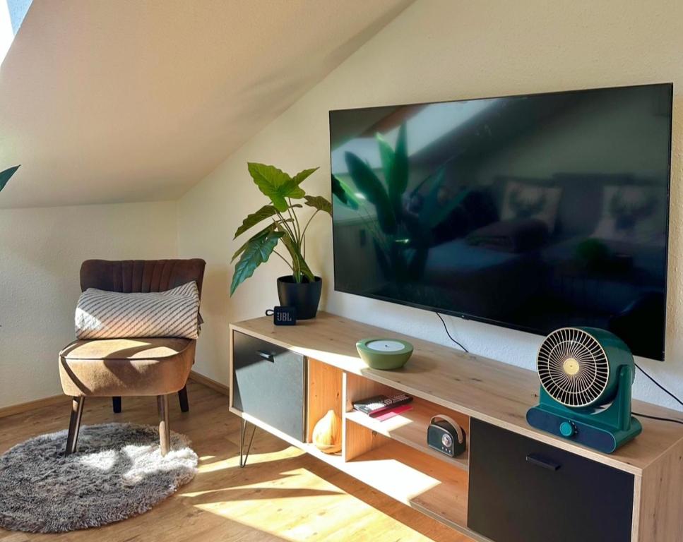 Télévision ou salle de divertissement dans l'établissement FeWo Alpenherz im Allgäu, mit Balkon und Bergblick