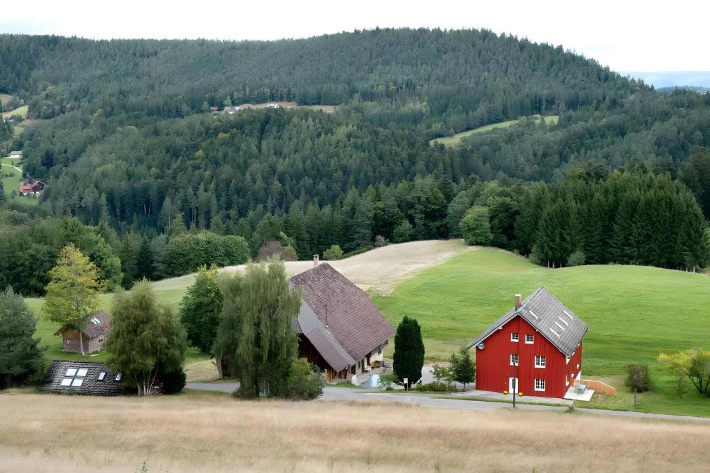 a red barn in the middle of a green hill at Gallushof in Lauterbach
