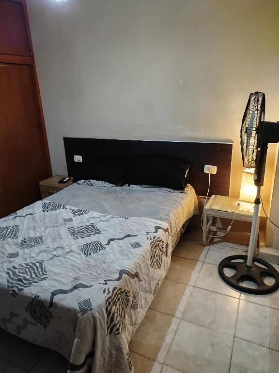 ein Schlafzimmer mit einem Bett und einem Schreibtisch mit einer Lampe in der Unterkunft Santiago del estero in Santiago del Estero