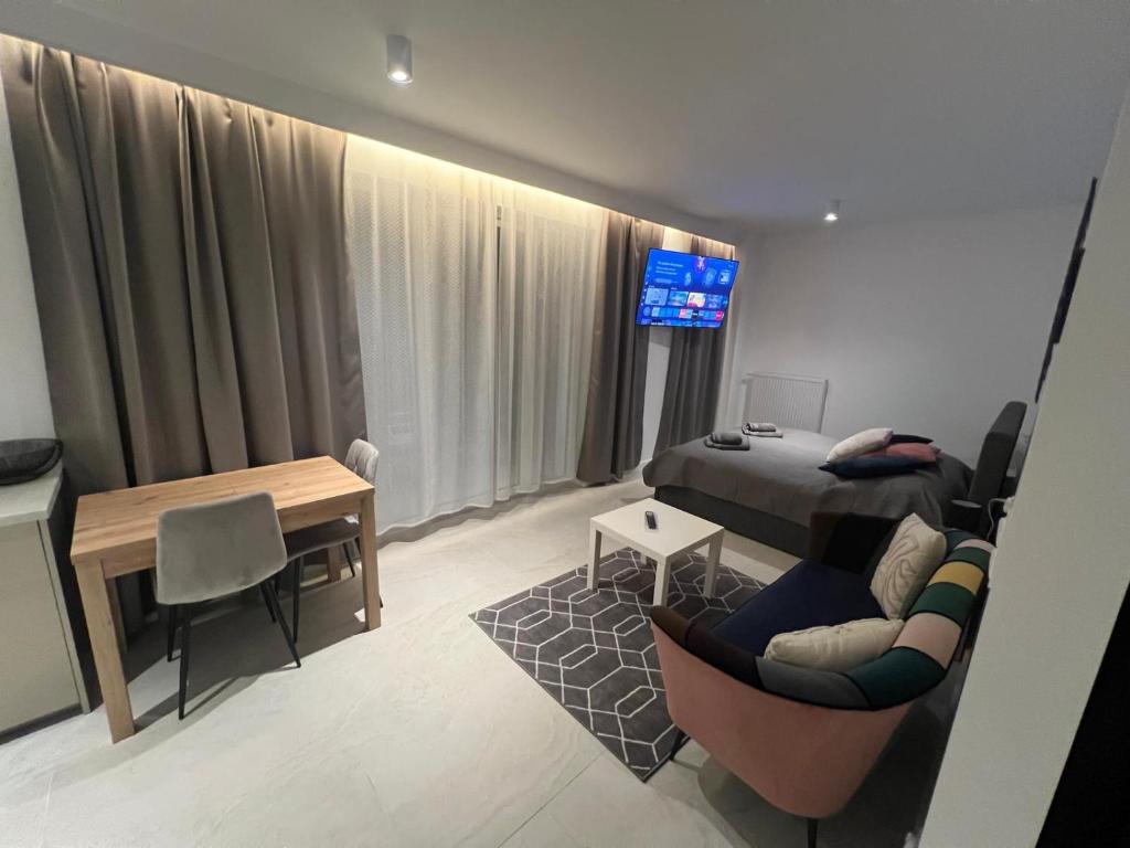 a bedroom with a bed and a couch and a table at Apartamenty Wilenska in Słupsk