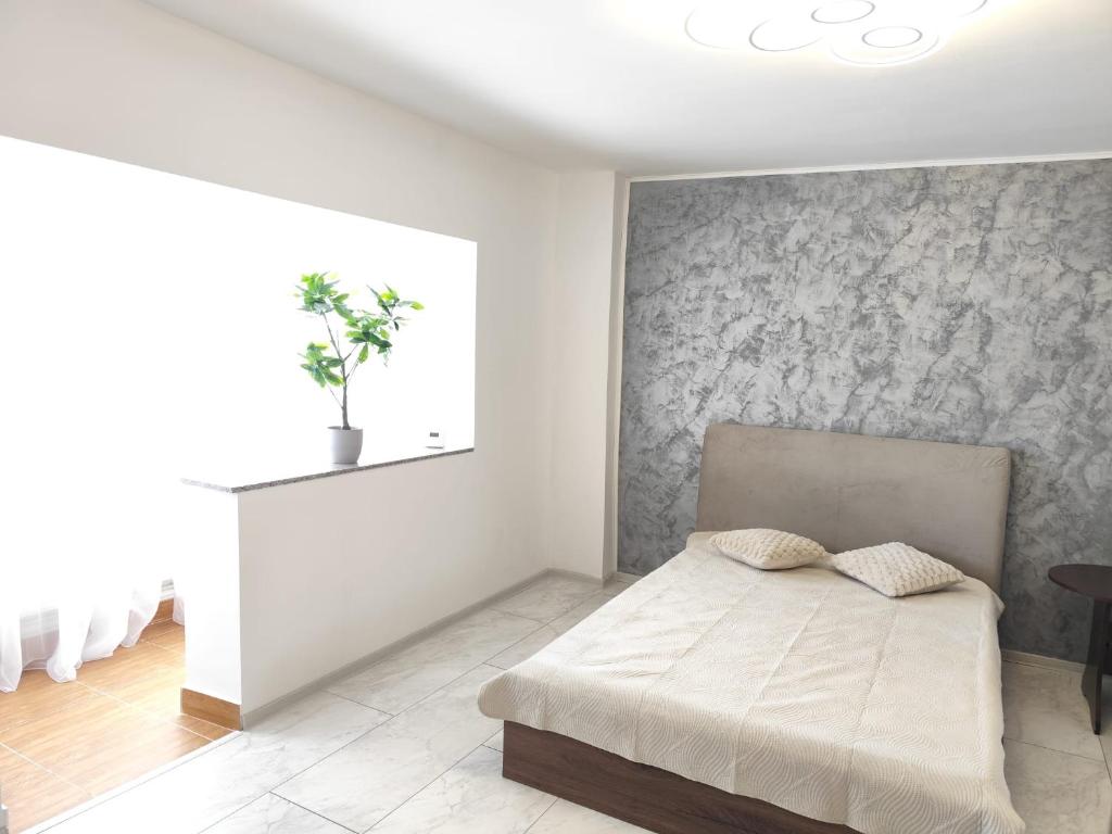 a bedroom with a bed and a wall at Studio Central Brancusi in Târgu Jiu