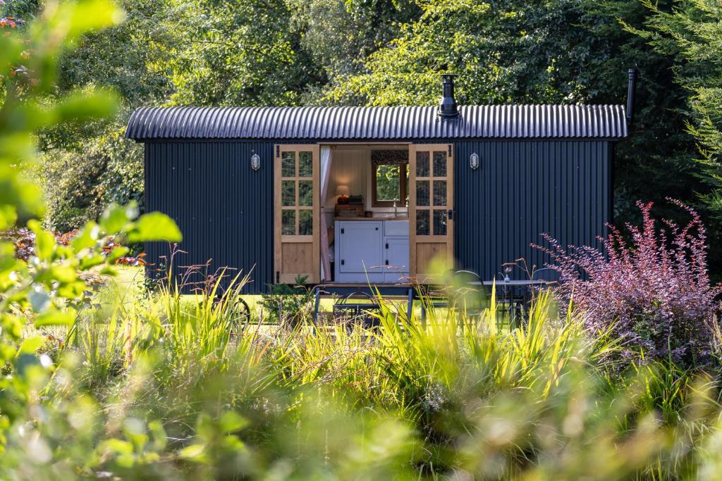 ein grünes Minihaus mitten in einem Garten in der Unterkunft Peatlands Retreat, Causeway Coast in Ballybogy