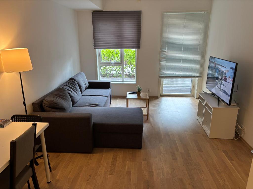 a living room with a couch and a flat screen tv at One Bedroom Apartment Central Jessheim in Jessheim