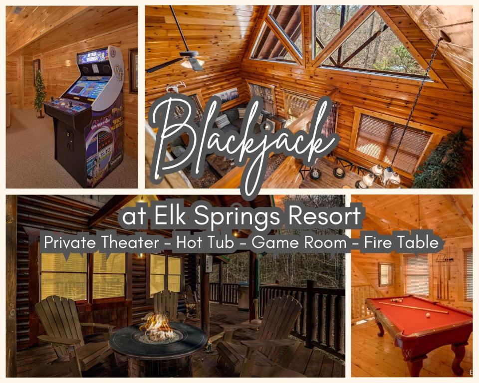 een collage van foto's van een hut met een pooltafel bij Blackjack Holiday home in Gatlinburg