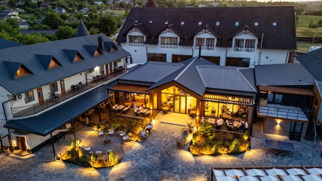 an aerial view of the inn at night at SV Hotel, Restaurant & Airport Parking in Todoreshty