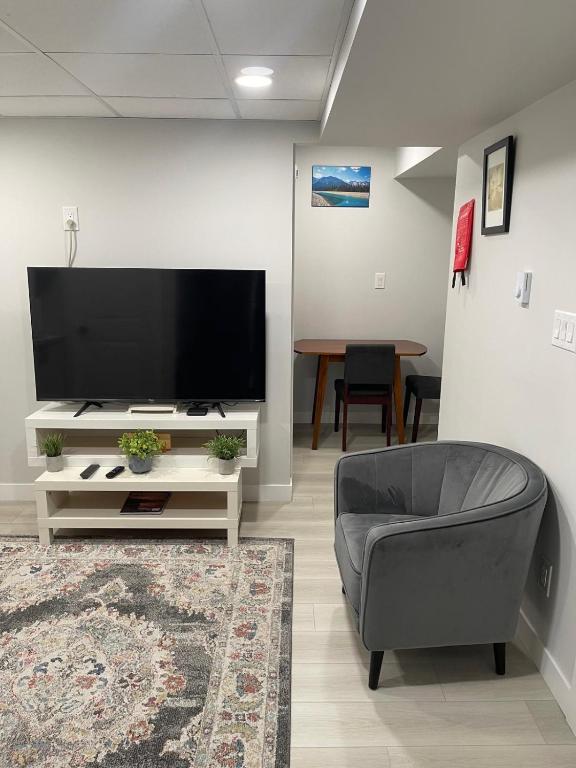 a living room with a television and a chair at Dunique unique home in Winnipeg