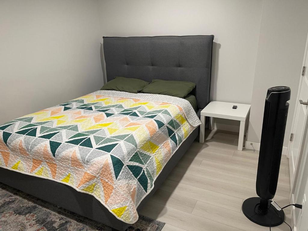 ein Bett mit einer Decke in einem Schlafzimmer in der Unterkunft Dunique unique home in Winnipeg