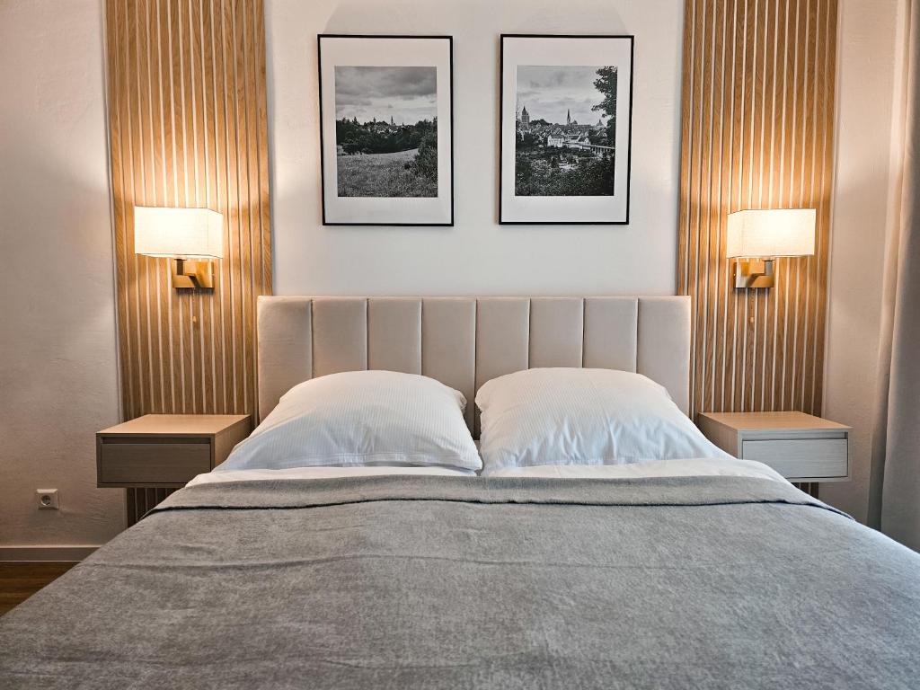 una camera con due lampade e un grande letto di Inn-Side Rottweil a Rottweil
