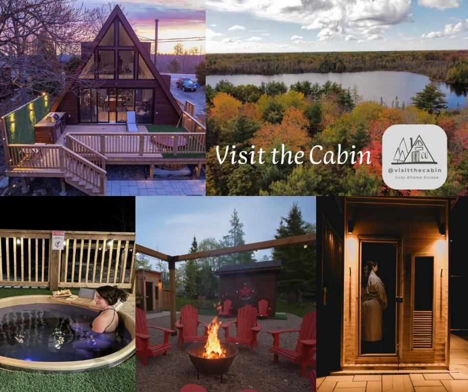 Un collage de fotos con una cabaña y una fogata. en Cozy, Hot Tub, Sauna, Heated Floors, EV, Nespresso, en MacTier