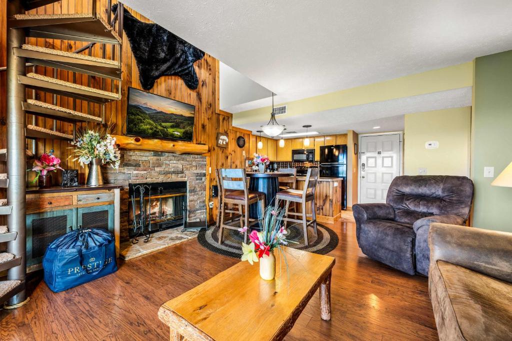 a living room with a couch and a fireplace at Mountain Top View in Pittman Center