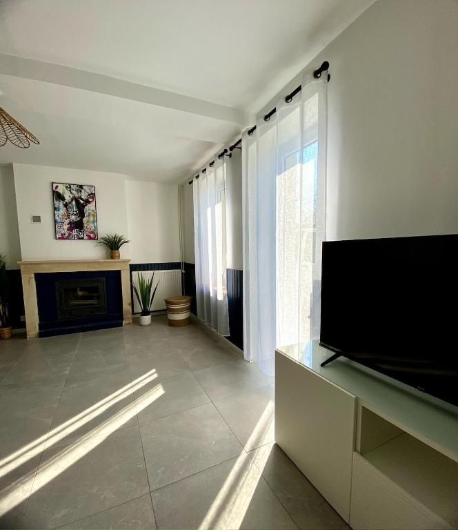 a living room with a television and a fireplace at La Petite Vitesse in La Flèche
