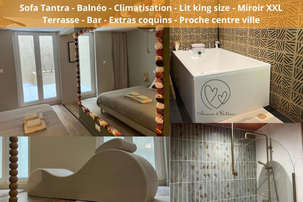a collage of three pictures of a bathroom with a sink at Suite Romantique - Love Room Valence Amour et Bulles - Jacuzzi - Lit king size avec miroir XXL - Sofa Tantra - Drôme Ardèche in Bourg-lès-Valence