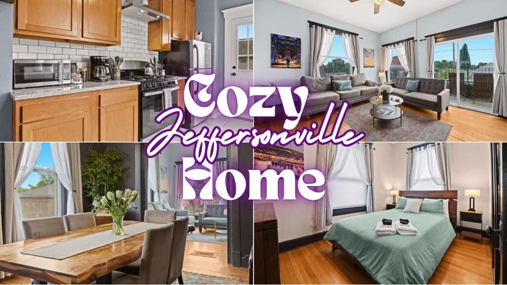 a collage of photos of a kitchen and a living room at Riverview Escape in Walkable Historic District in Jeffersonville