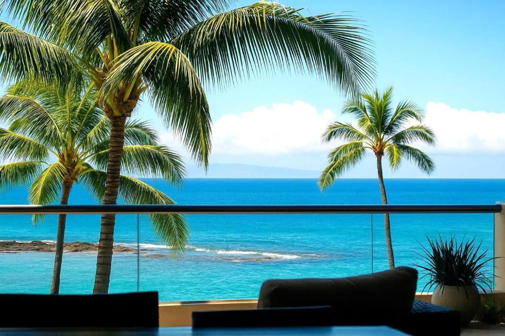a room with a view of the ocean and palm trees at Montage Kapalua Bay 2 Free Rental Cars KBM Resorts Beautiful Villa At Montage Kapalua Bay 2 Units 6 Bedrooms ML-1231 in Honokahua