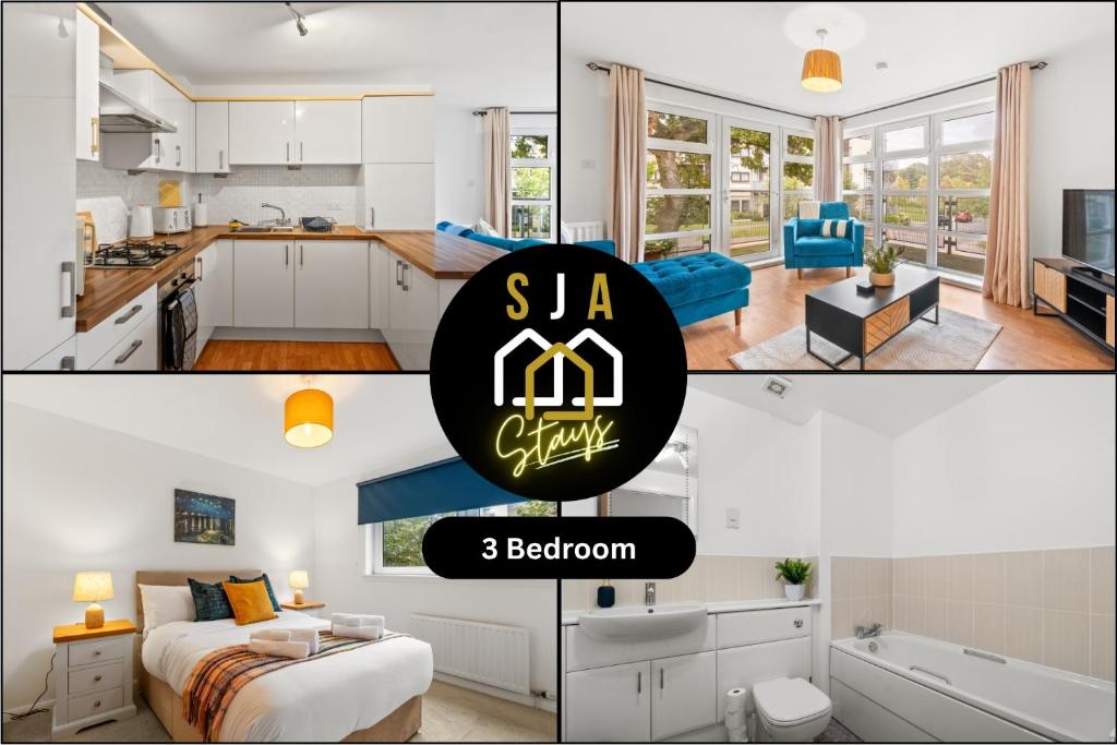 a collage of photos of a kitchen and a bedroom at Hammerman Residence - SJA Stays - 3 Bed Apartment With Parking in Aberdeen