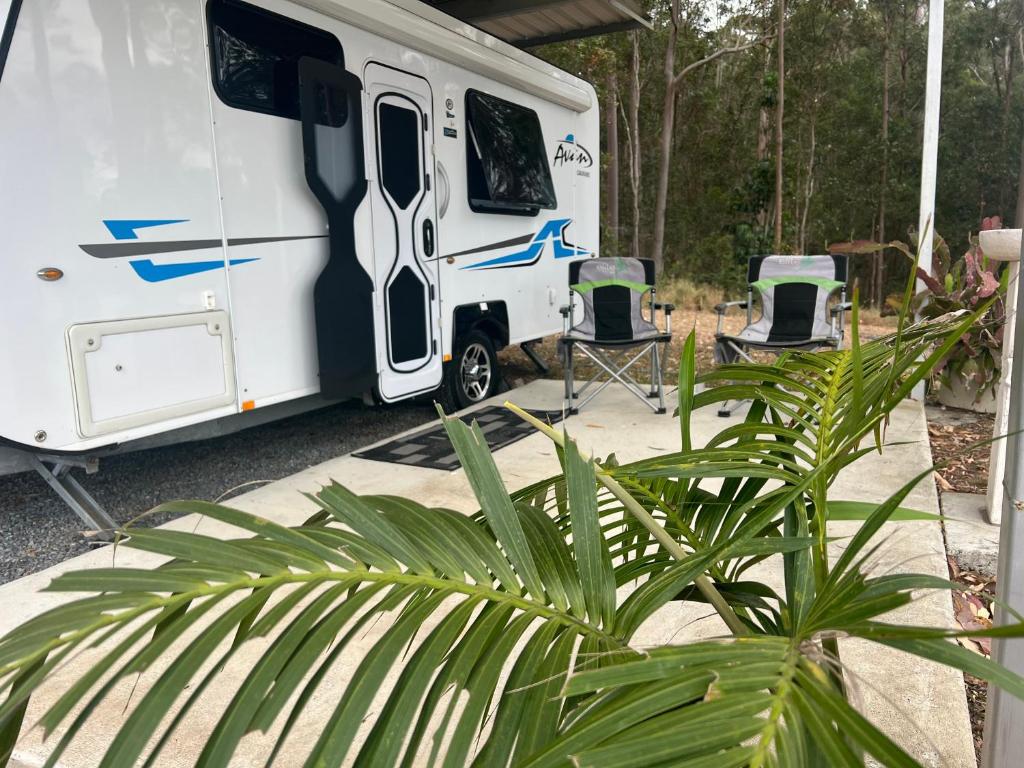 a white caravan with two chairs and a plant at Gympie Luxury Caravan with ensuite bathroom in Tamaree