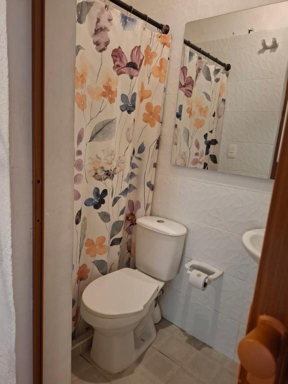 a bathroom with a toilet and a shower curtain at Lotus Centro HIstorico in Santa Marta
