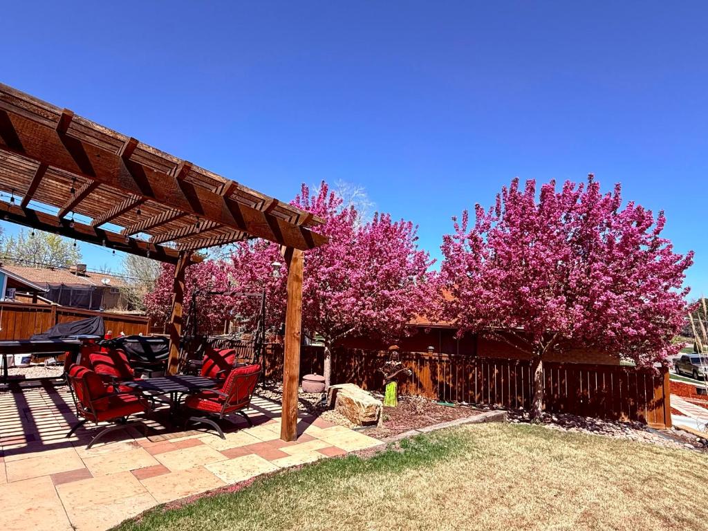 a patio with chairs and trees with pink flowers at Su Casa Studio in Denver