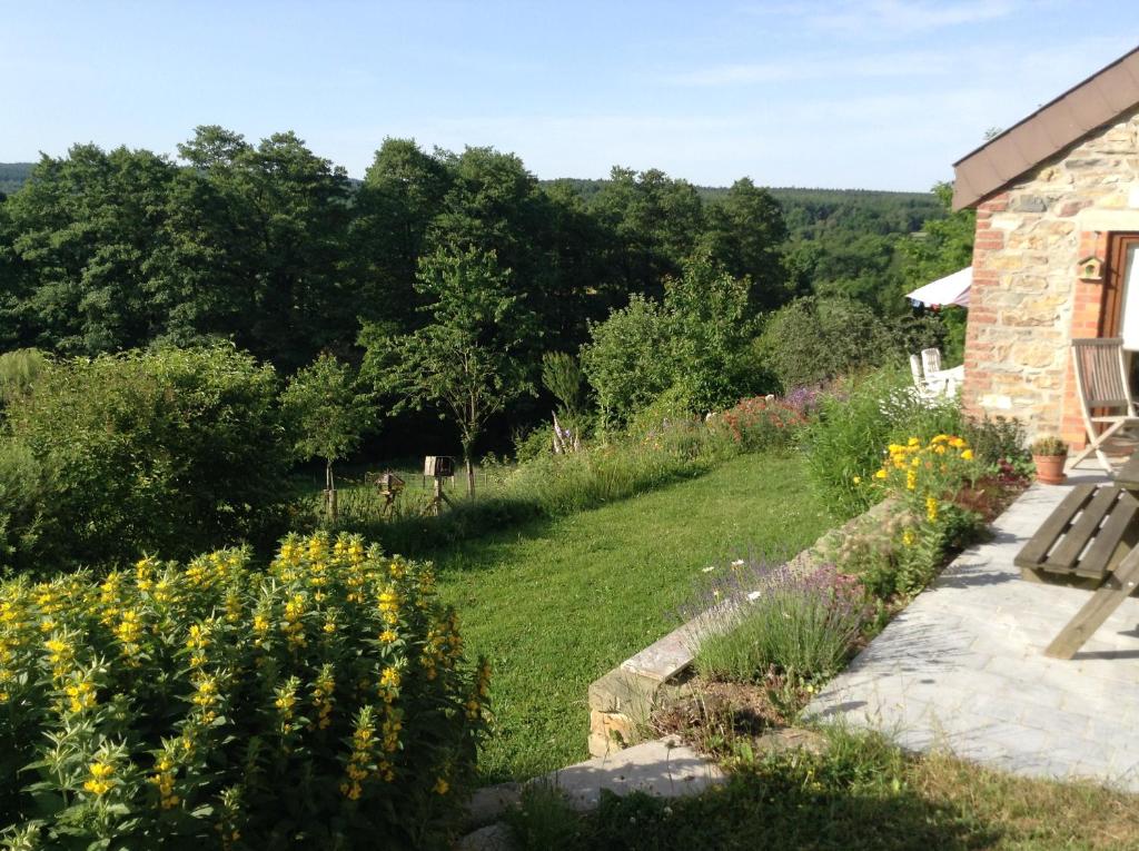 a garden with a bench and some flowers at Le Ru du Passage in Sart-lez-Spa