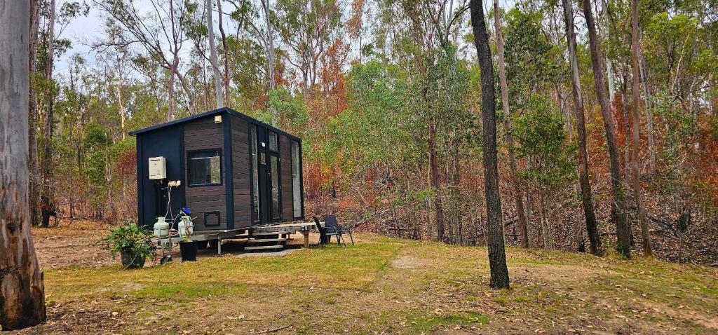 KanighanにあるHidden Camp's Tiny House by Tiny Awayの森の中の黒い小屋
