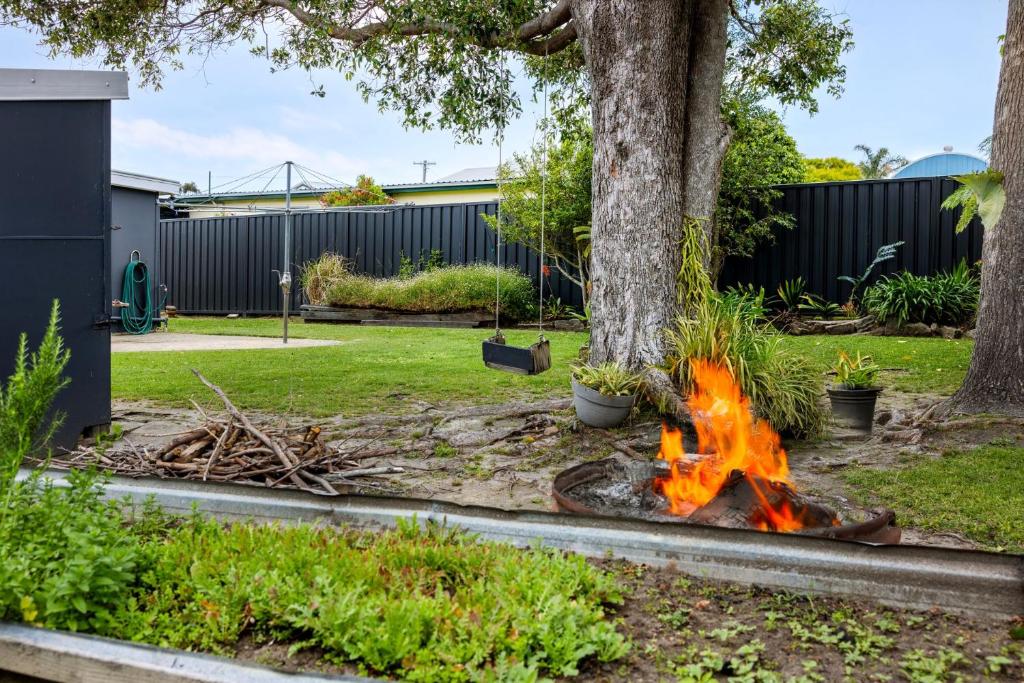 a fire pit in a yard with a tree at Osprey - Pet Friendly Waterfront in Callala Bay
