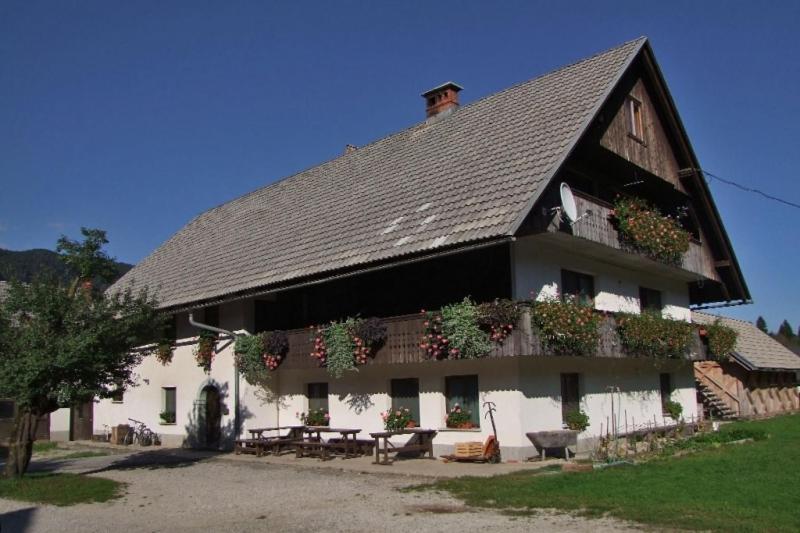 un grand bâtiment blanc avec beaucoup de plantes. dans l'établissement Farmhouse Soklic, à Bohinj