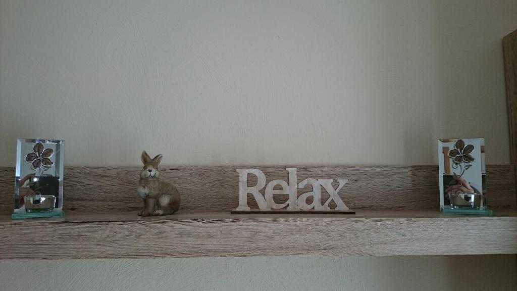 a shelf with a rabbit sitting on top of it at Ferienwohnung Mai, 63qm in Plettenberg