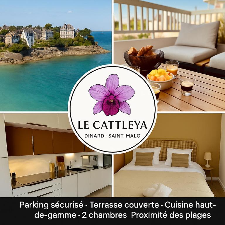 a collage of four pictures of a hotel room at Le Cattleya in Dinard