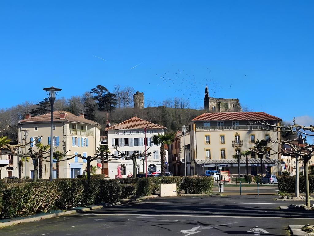 una calle en una ciudad con un castillo en el fondo en Villa Milady Suite, en Salies-du-Salat