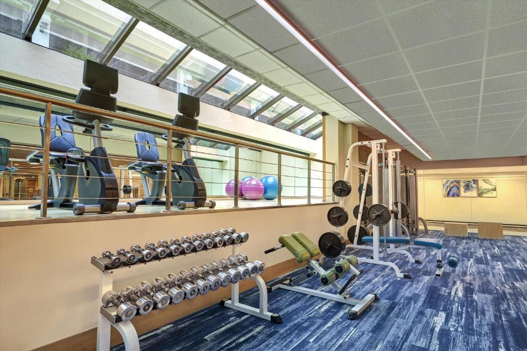 A bright hotel gym combines cardio machines, free weights, and resistance equipment.