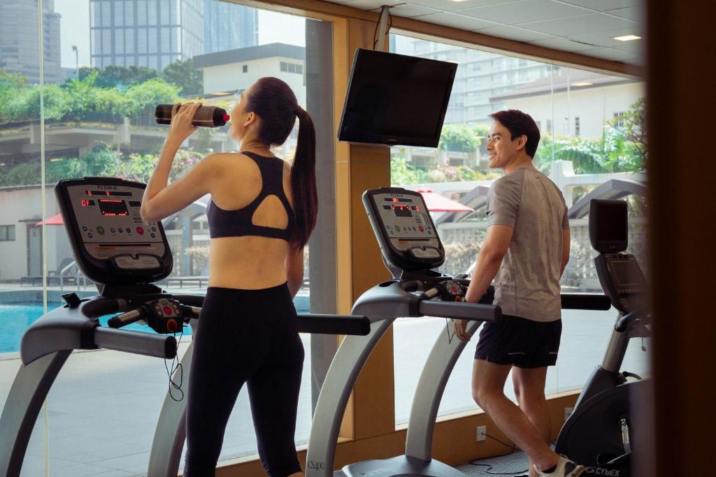A bright gym with treadmills beside floor-to-ceiling windows.