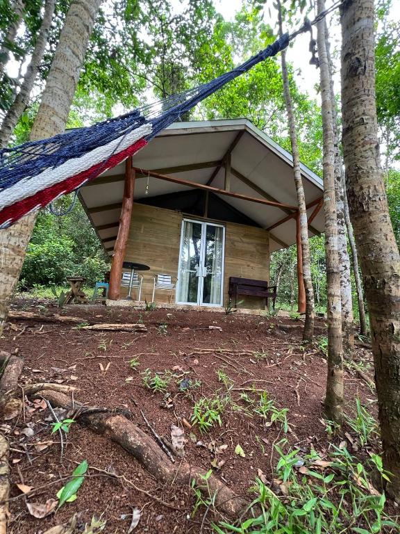 a cabin in the woods with a gazebo at La Ceiba Biolgical Reserve in Platanillo
