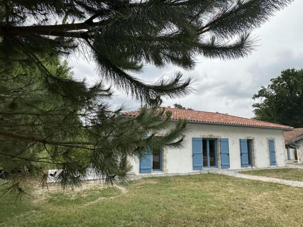 ein weißes Haus mit blauen Fenstern und einem Baum in der Unterkunft Quilleret in Haut-Mauco