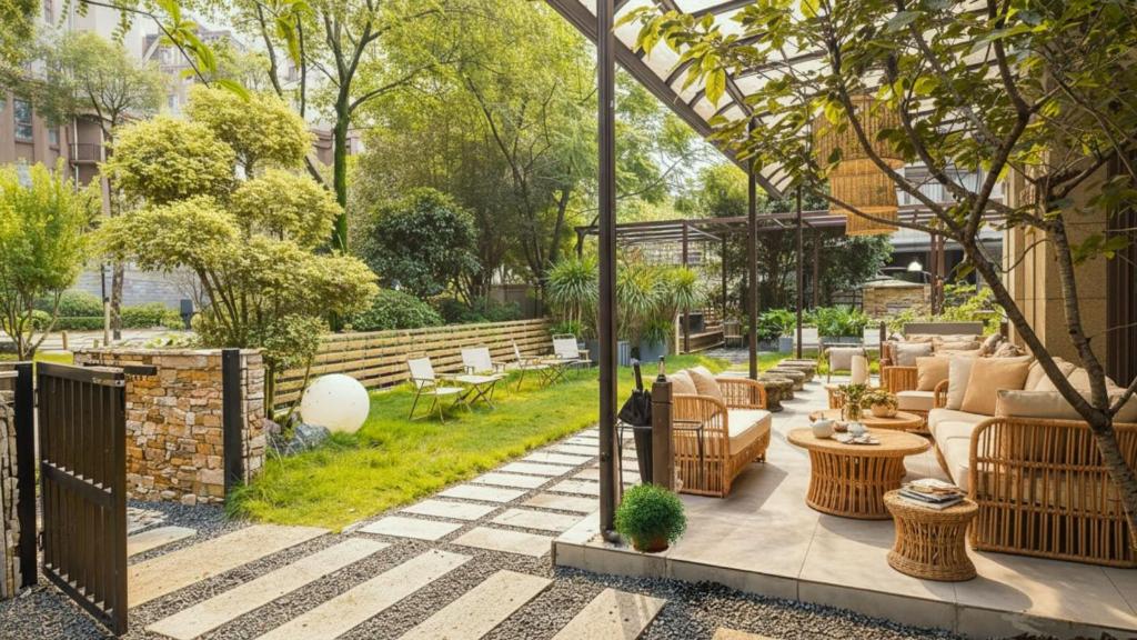 a patio with couches and tables and a fence at Heinemanns Guest House With Jacuzzi Local Family vibes in Baoguosi