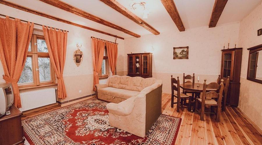 a living room with a couch and a table at Palac Kursko Agroturystik in Kursko