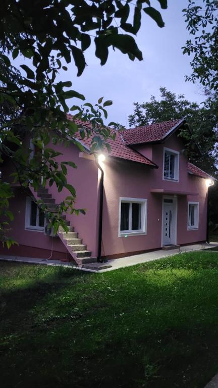 una casa rosa con luces en el costado. en Vila Cedar sa grejanjem, en Kragujevac