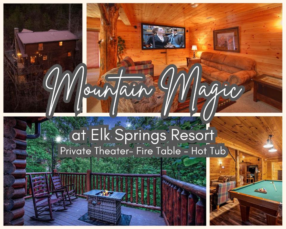 een collage van foto's van een blokhut met een pooltafel bij Mountain Magic Holiday home in Gatlinburg