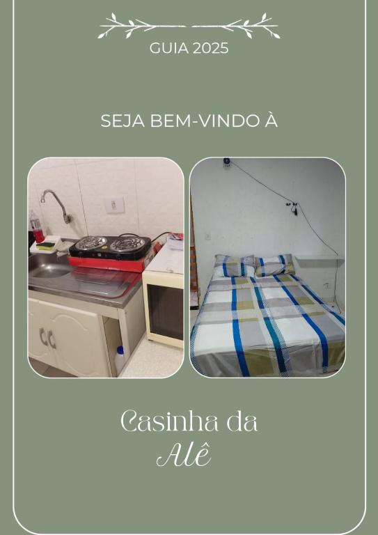 two pictures of a room with a bed and a desk at Casinha da Alê in Mongaguá